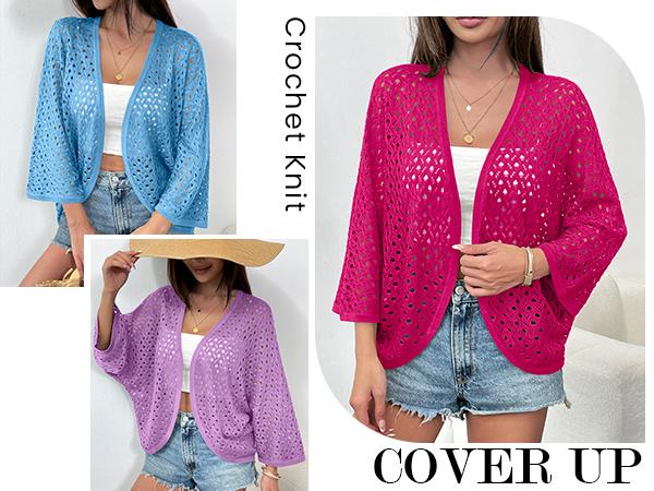 ZEAGOO  Womens Summer Crochet Cardigan Sweaters Lightweight Open Front 3/4 Sleeve Batwing Kimono Boho Knit Cover Ups 2025