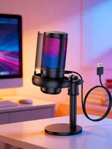 Gaming Microphone, USB PC Mic for Podcasts Videos, Streaming, Condenser Mic with Quick Mute, Tripod Stand, Pop Filter, RGB Indicator, Shock Mount, Rotate gain button, Compatible with PS4/5/PC
