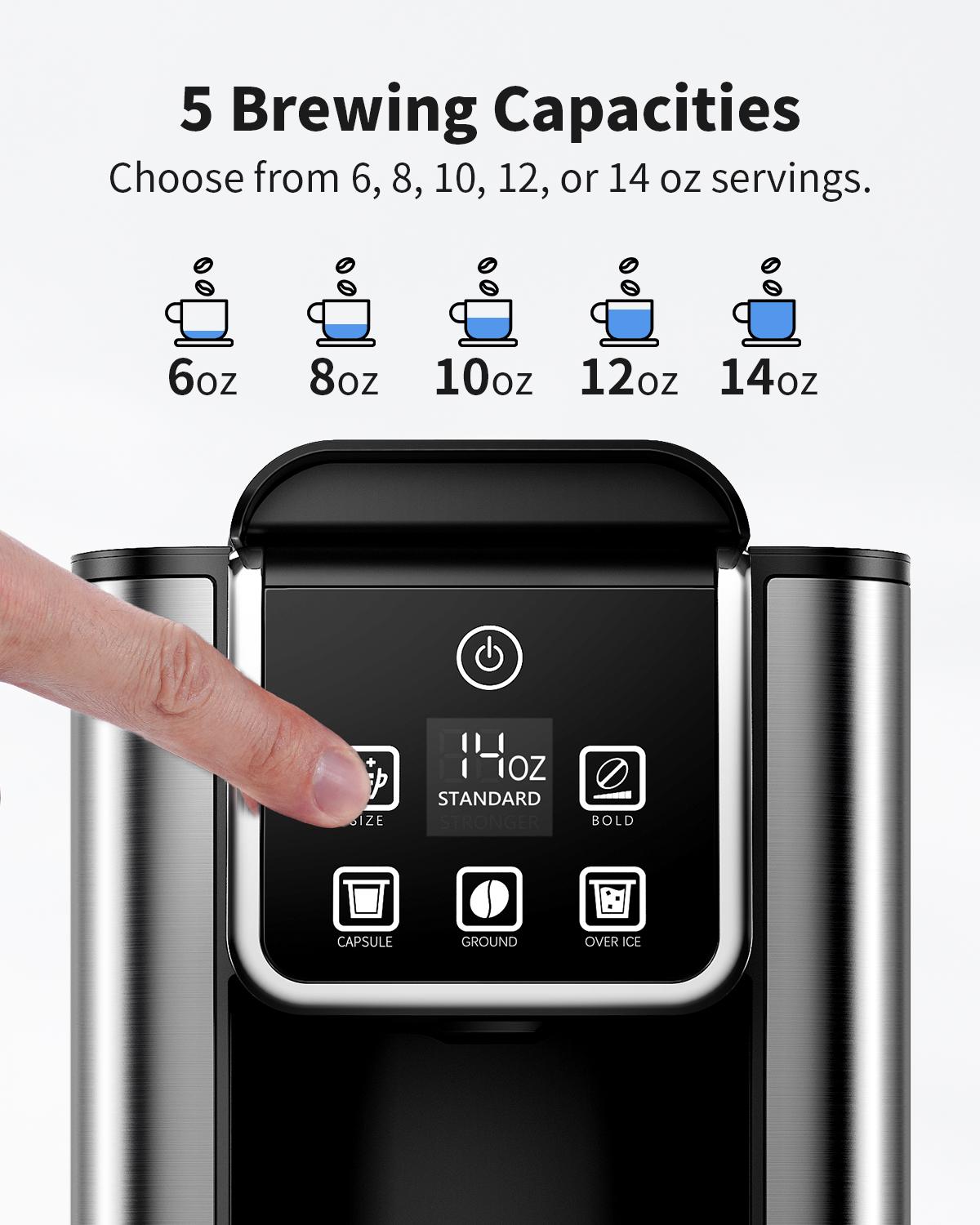 Hot & Iced Coffee Maker, Single Serve Coffee Maker for K Cup and Grounds, 6-14 Oz Brew Sizes, 50 Oz Removable Water Tank, One Cup Coffee Machine