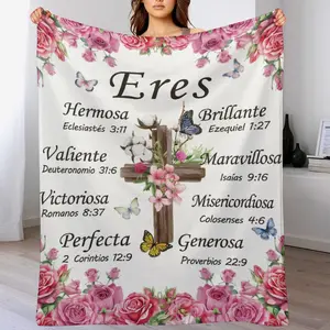 "Eres Hermosa, Valiente, Victoriosa" Christian Blanket, Spanish Bible Verse Cross & Rose Throw, Inspirational Religious Gift for Women,  Faith Home Decor , Christian Gifts for Women Blanket ，Mother's Day Gift for Mom