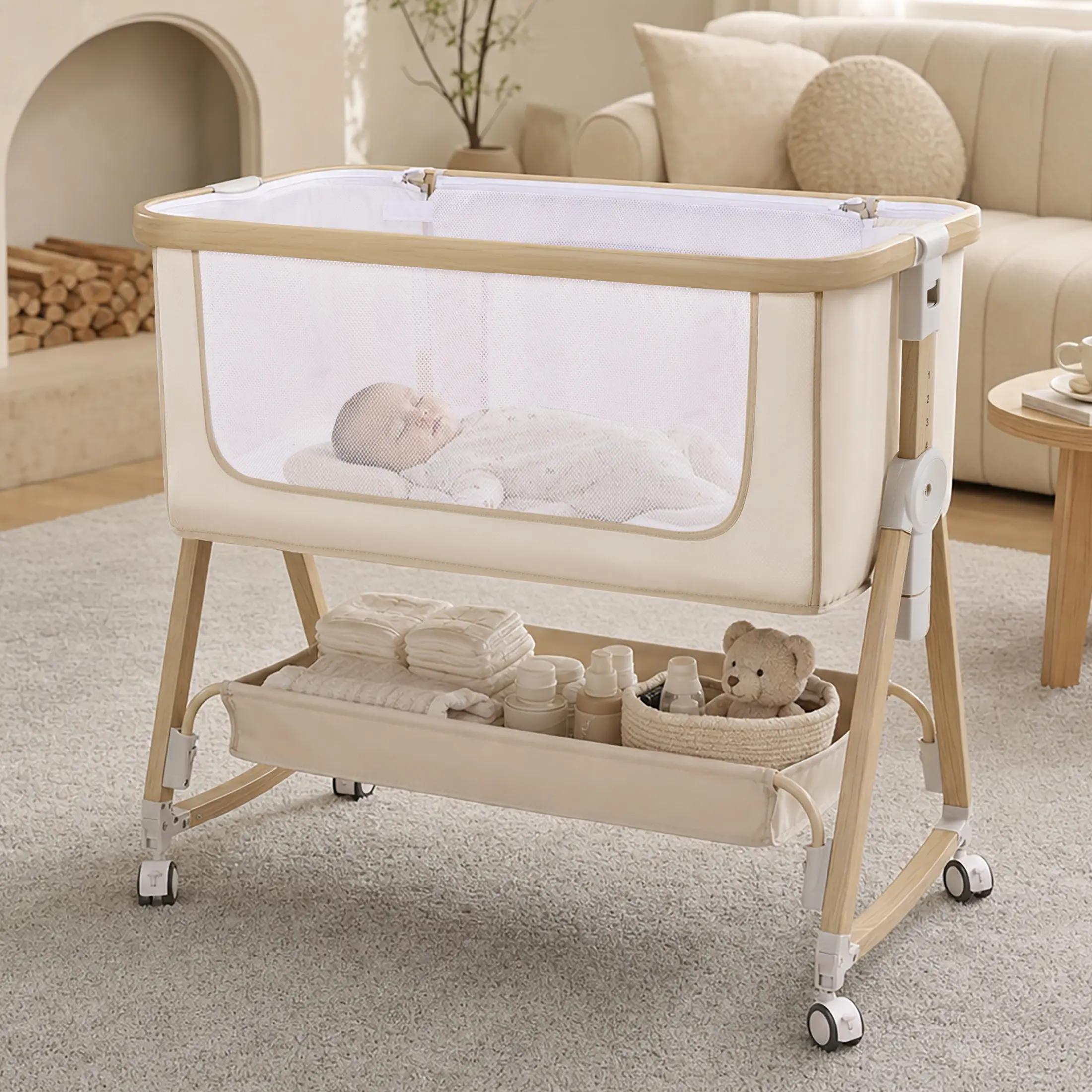Unisex Baby Bedside Sleeper Bassinet - Multi-functional Infant Bed with Adjustable Height, Breathable Mesh, Washable Fabric, 360° Lockable Wheels, Large Storage Basket