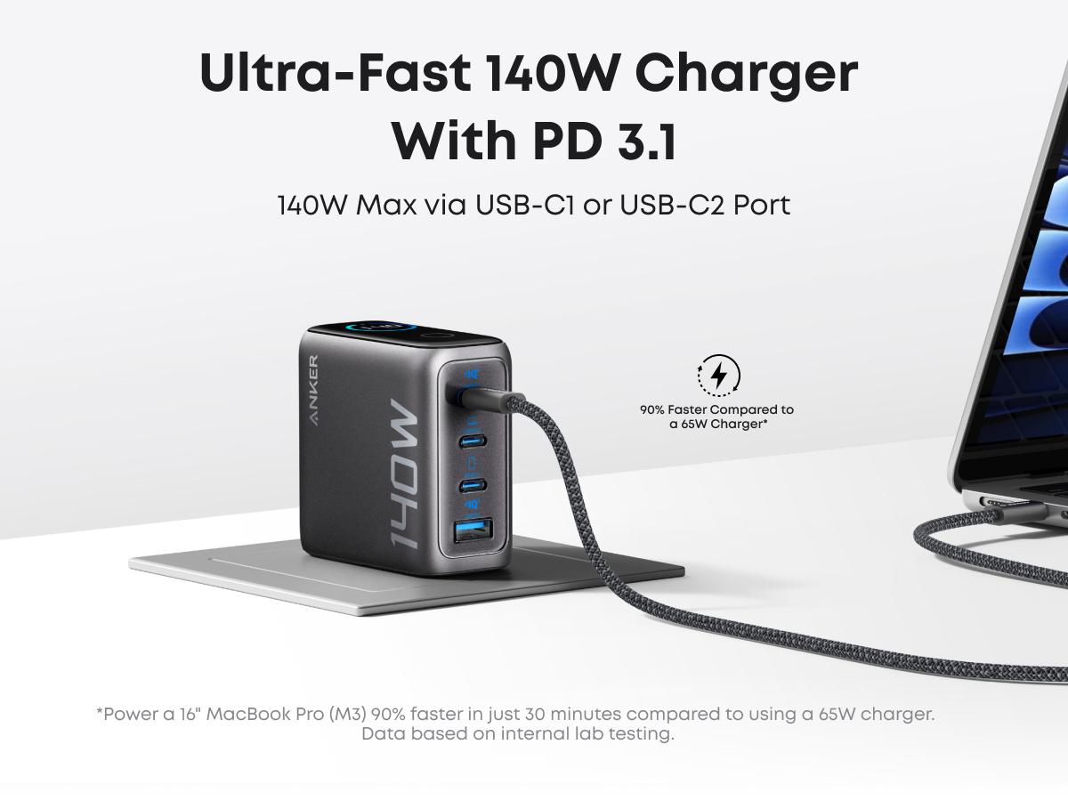 [Limited Offer]Anker Laptop Charger (140W, 4-Port, PD 3.1), Portable Charger with 4-Port Fast Charging, Advanced GaN Power Adapter, Intuitive Touch Controls, For MacBook, iPhone 16 Series, Samsung, Pixel, and More