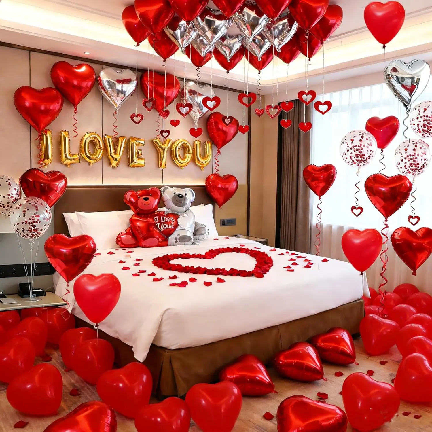 54pcs I Love You Heart Balloons Valentines Decoration with 50 Hanging 1000 Silk Rose Petal Bear Heart Shaped Silver Red Balloons for Romantic Night Wedding Anniversary Decor Valentine Day Decorations