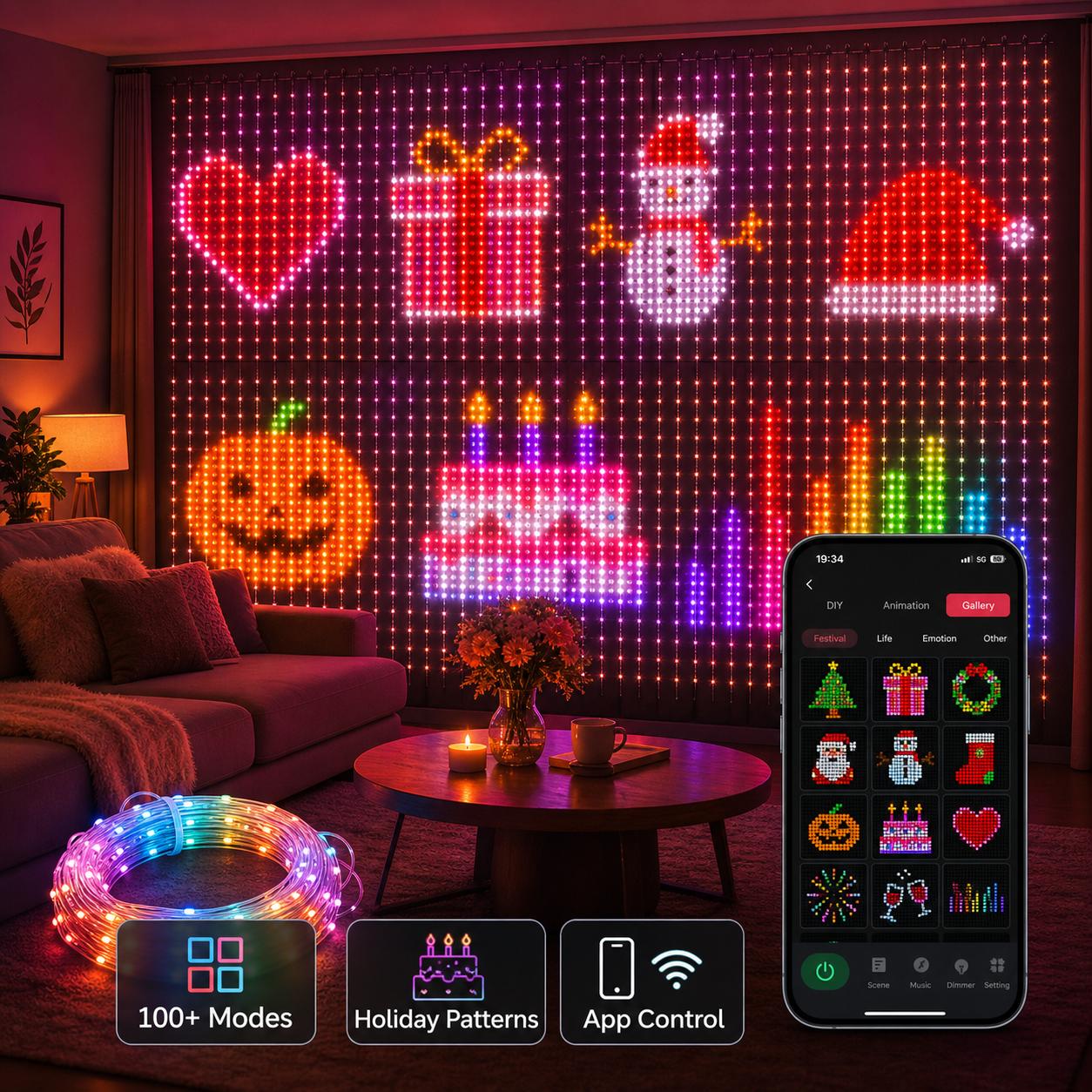 Smart RGB Magic Curtain Lights, 400-LED Interior RGB Lighting with DIY Text, Music Sync, 16M Colors, Custom Messages & Patterns, Adjustable LEDs, Ideal for Party, Holiday Decor Led Multicolor Custom Rgb Backlit Interior Rgb Lighting