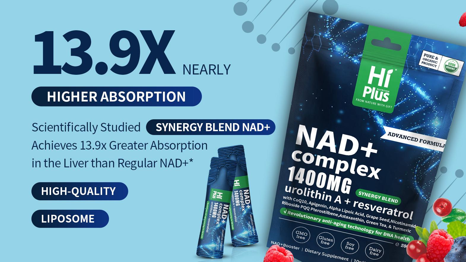 HiPlus NAD Supplement Berry Flavor Drink 1400 mg Urolithin a Extra Strength Liposomal, Green Tea + Astaxanthin for Women & Men, Resveratrol, CoQ10, Alpha Lipoic Acid – Energy Beauty Healthcare Anti-Aging –20 Pockets