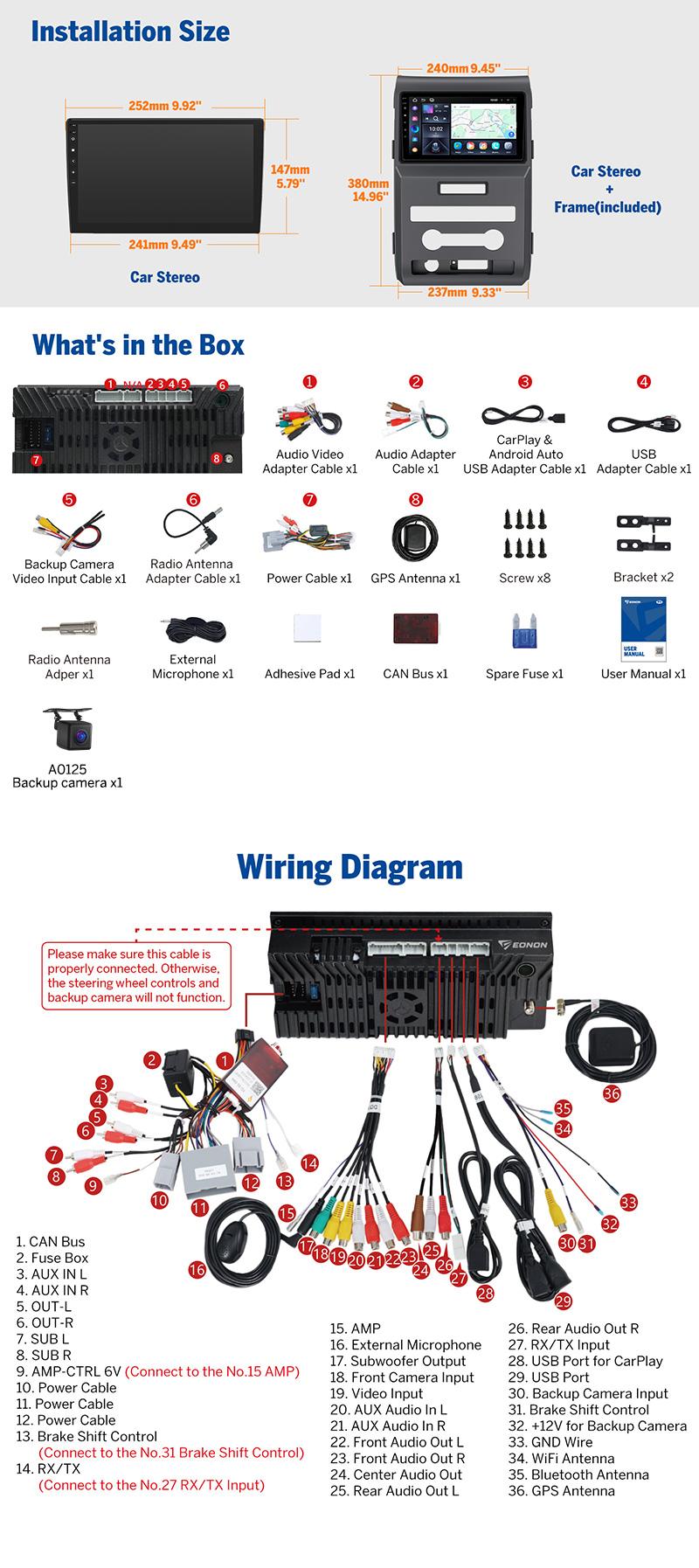 EONON Car Stereo for Ford F150 2009-2014, Wireless CarPlay & Android Auto Car Radio Touch screen, 9" Android 14 Car head unit, Steering wheel controls, Sub, Bluetooth, GPS Navigation, Backup camera - FDF1X7A, FDF1X7S