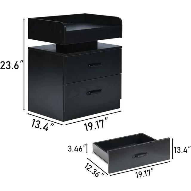 HOMBCK Smart Black Wood Nightstand with LED Lights & Charging Station, Modern Storage Drawers End Side Table, Furniture for Living Room, Room Decor, Indoor Bedside Table