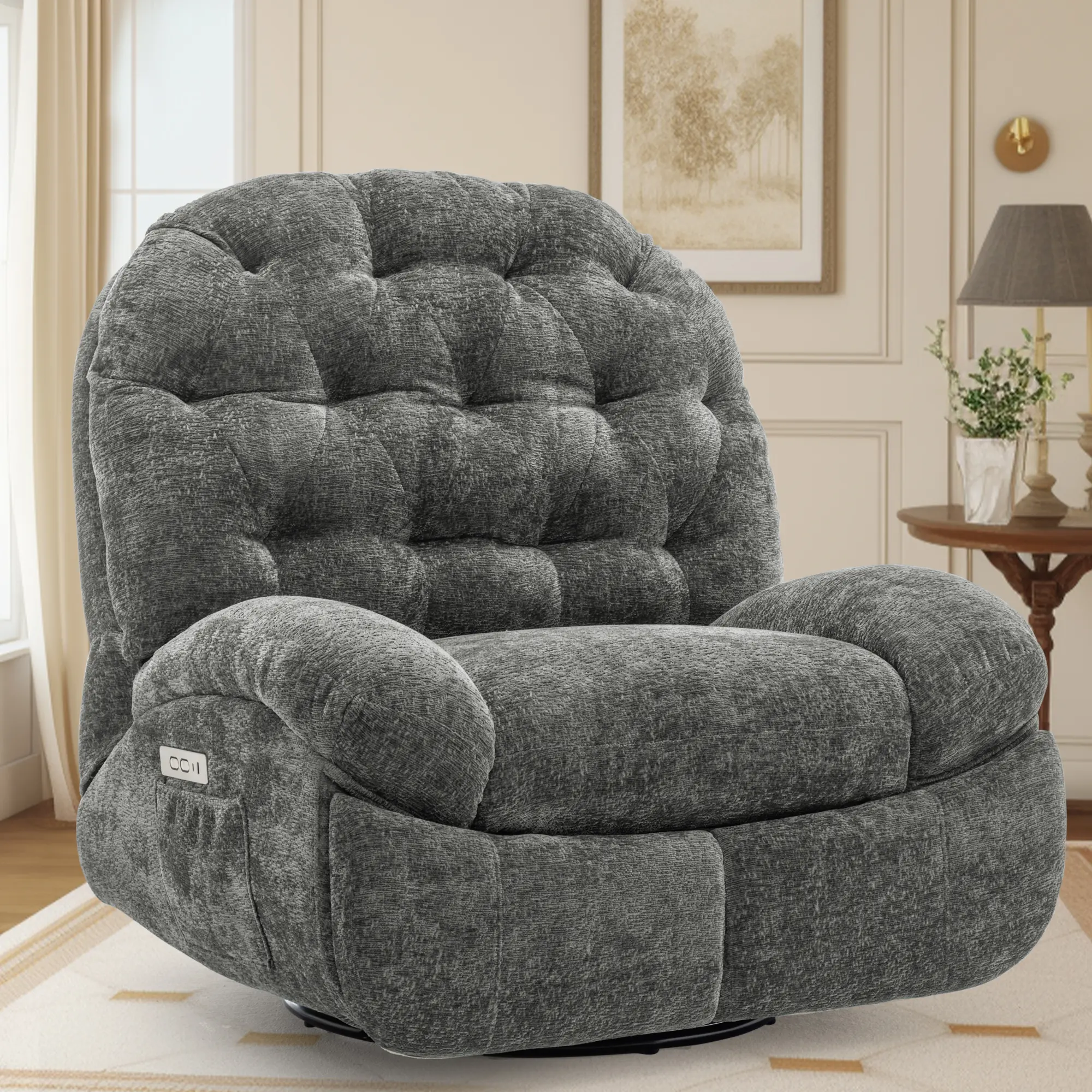 Korser Power Swivel Rocker Recliner Chair - Chenille Fabric Swivel Chairs, 270° Rotation, 30° Rocking, Button Remote Control, Type-C Ports, Side Pockets, 380lbs Max, Pre-Built, Cushioned Easy-to-Use Rocker Living Room Furniture Power Lift Recliner
