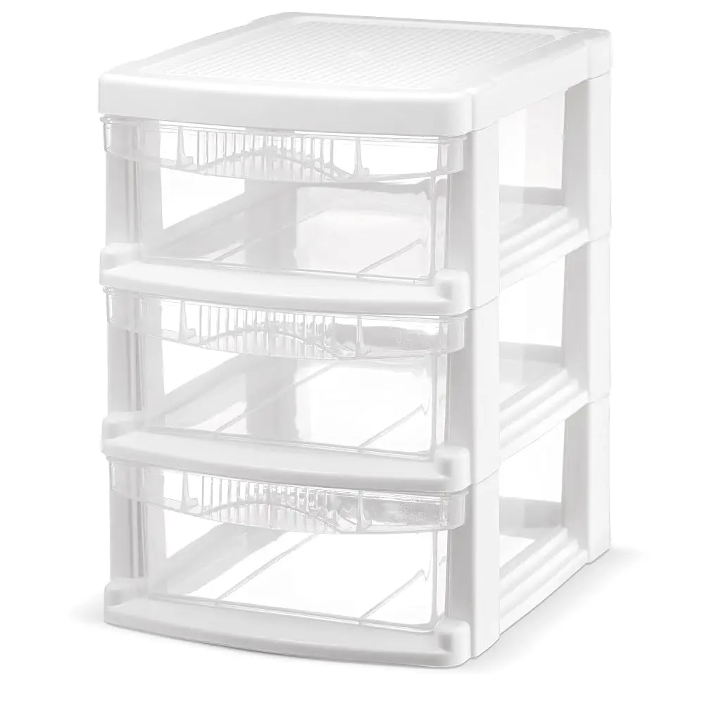 Tribello Mini 3 Drawer Plastic Storage Unit - White Frame with Clear Drawers for Craft Organization