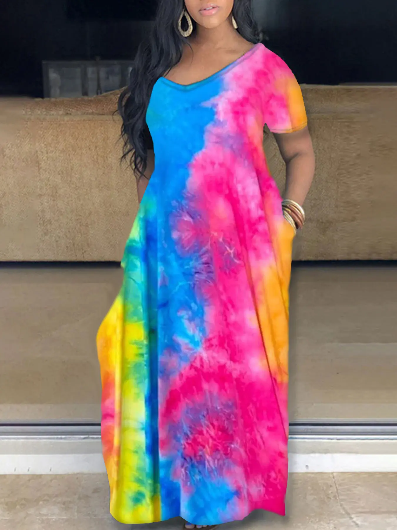 Women's Plus Size Curvy Rainbow Tie Dye Short Sleeve V-Neck Maxi Dress - Elastane, Pull-On, Casual Chic, Comfortable with Pockets for Summer Vacation, Beach Wear