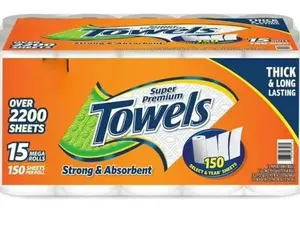 Super Premium Paper Towels – 15 Mega Rolls, 150 Sheets Each | Ultra Absorbent, Strong & Soft | Multi-Purpose Kitchen & Household Paper Towels | Bulk Value Pack