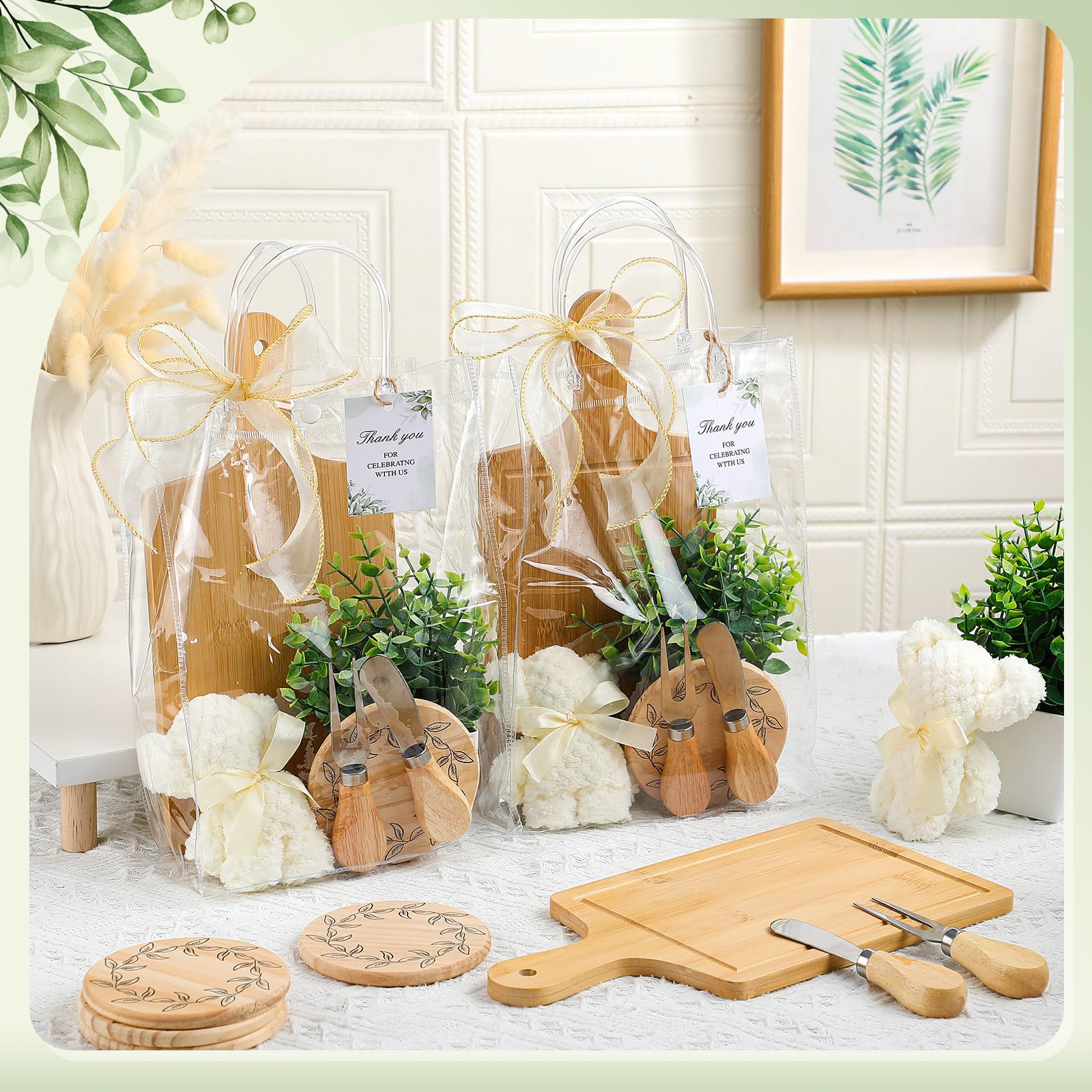6 Pcs Valentine Mini Cheese Board Baby Shower Prizes Set Cutting Board with Bamboo Spoon Plaid Towel Artificial Eucalyptus Stems Tag Bag Thank You Gift Box for Couple Teacher Guest,Wedding Party Bridal Shower Favors Supplied,Anniversary Birthday Gift