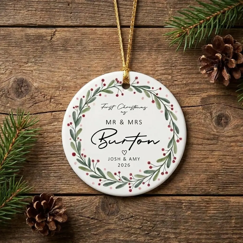 Personalised Mr and Mrs Ceramic Christmas Ornament 2026, Custom First Christmas Married Ornament Holiday Wreath Design, Newlywed Keepsake Bauble, Personalized Wedding Gifts for Couples, Xmas Tree Hanging Decoration Gift