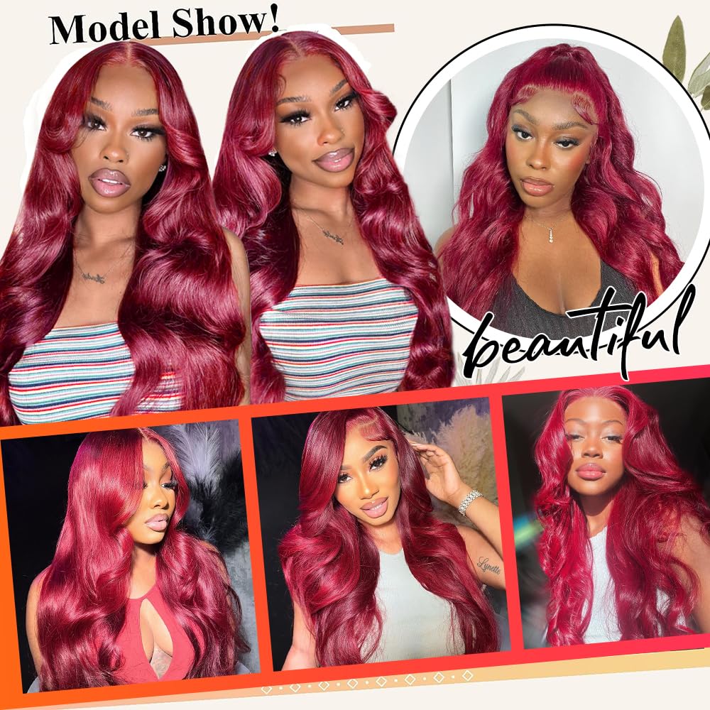 GK Burgundy Wig Human Hair Pre Plucked 13x6 HD Glueless Colored 99j Body Wave Lace Front Wigs 200 Density,100% Real Human Hair No Synthetic Blend No Tangle No Shedding Triple Lifespan