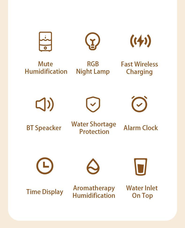 【CLEARANCE SALES】DOMEIU Multi-function automatic shut-off air humidifier bedroom chargers , aroma diffuser,  wireless charging, Bluetooth speaker. 7 color light, alarm clock,  Automated Aromatherapy .Limited-time flash sale products