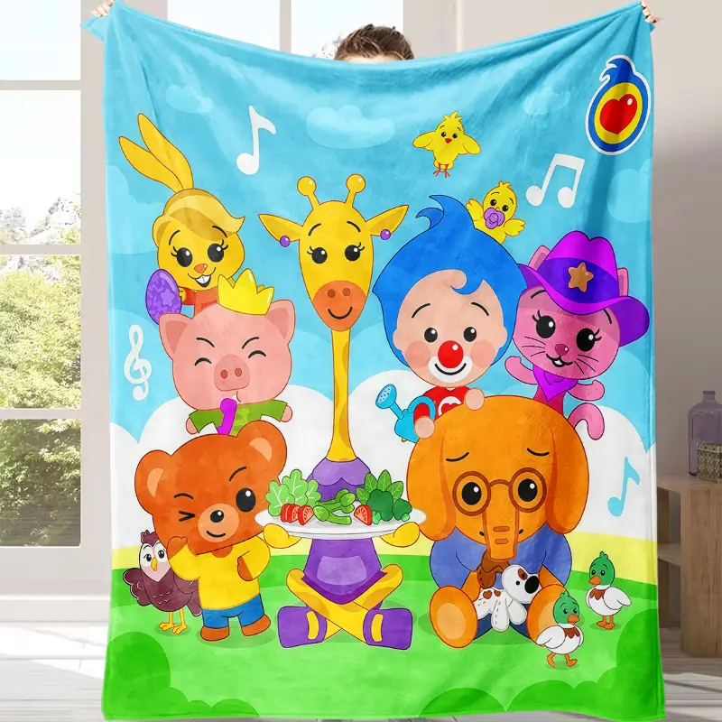 Cute Plim Plim Complete Animal Character Music Note Fleece Blanket Anti Pilling Skin Friendly Warm Light Cover Ideal For Toddler Bed Nap Time Stroller Camping Travel Affordable Latin Spanish Kids Cartoon Decor ThrowBlanket, Childrens Blankets, Cozy Throw