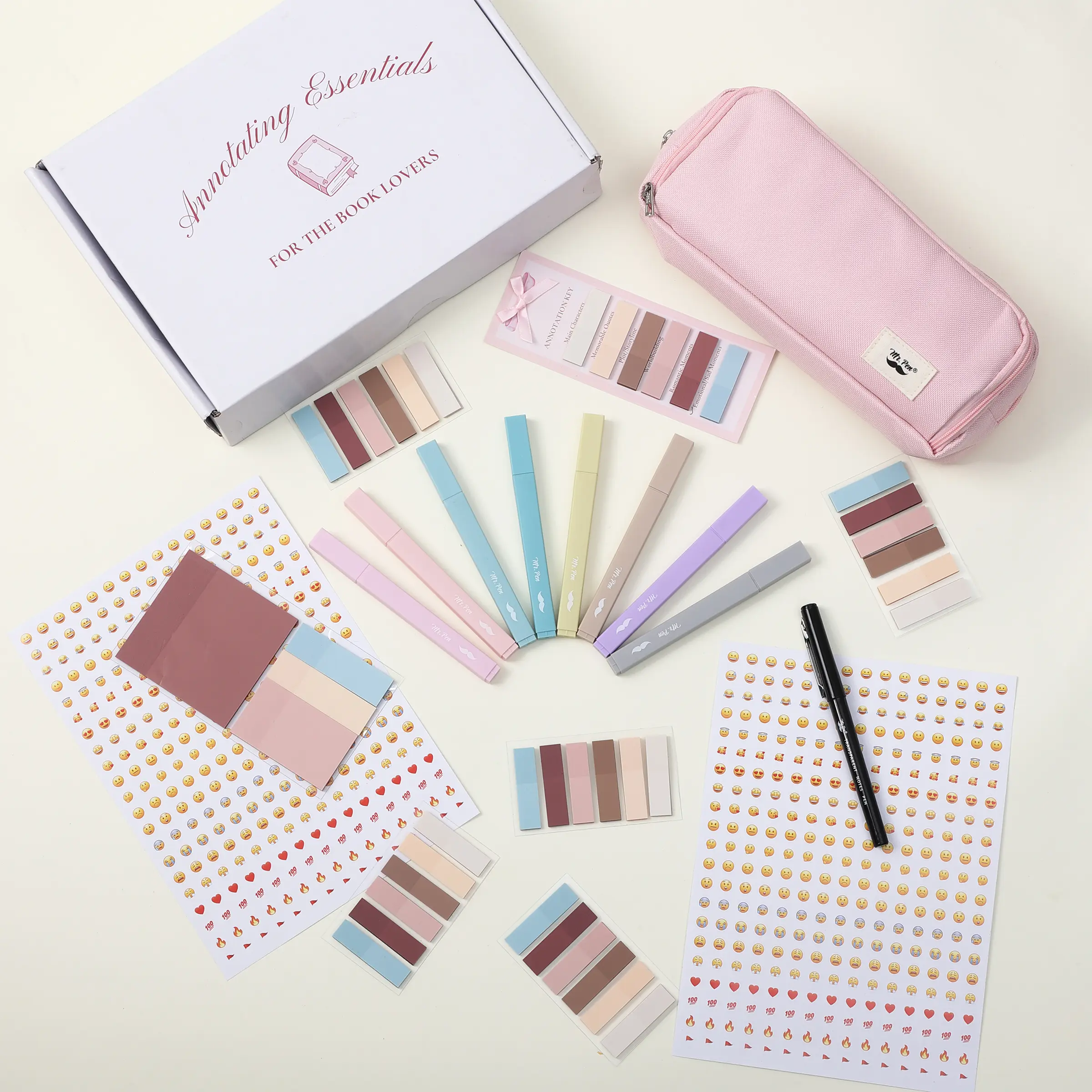 Mr. Pen Stationary Set - Cute Stationary Set, Fine Tip Markers & Highlighters, Assortment Kit Markers & Highlighters, Pastels, Transparent Sticky Notes, Annotation Key Bookmark, Stickers, Pencil Pouch for Book Lovers