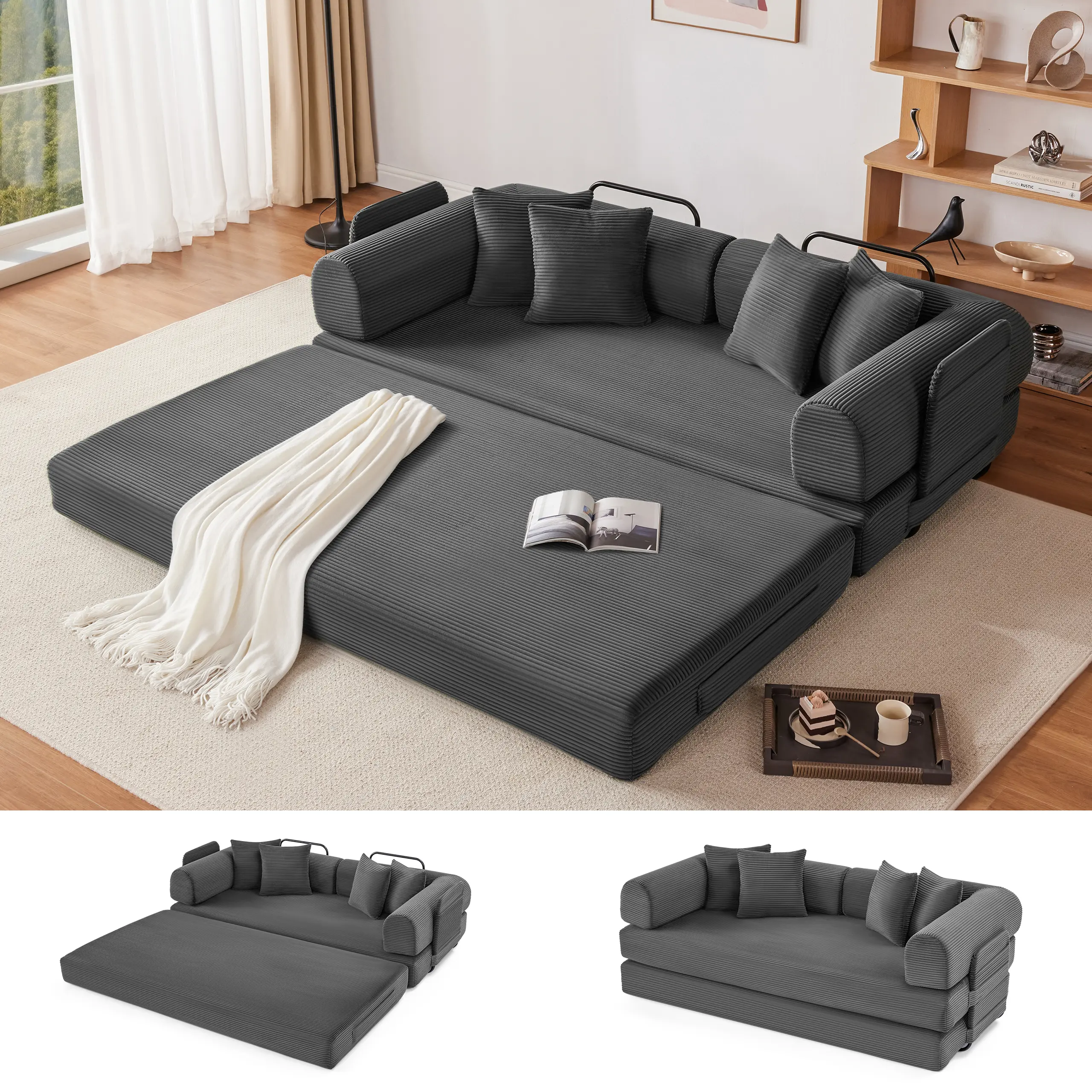 79" Convertible Sleeper Sofa Bed with 4 Pillows, 5-in-1 Corduroy Futon Couch for Small Spaces,Boneless Couch, Floor Modular Sofa with Fixed-Shape Frame,For Guest Bed & Kids Play Area with Washable Cover,teddy sofa for Adults,No-Assembly