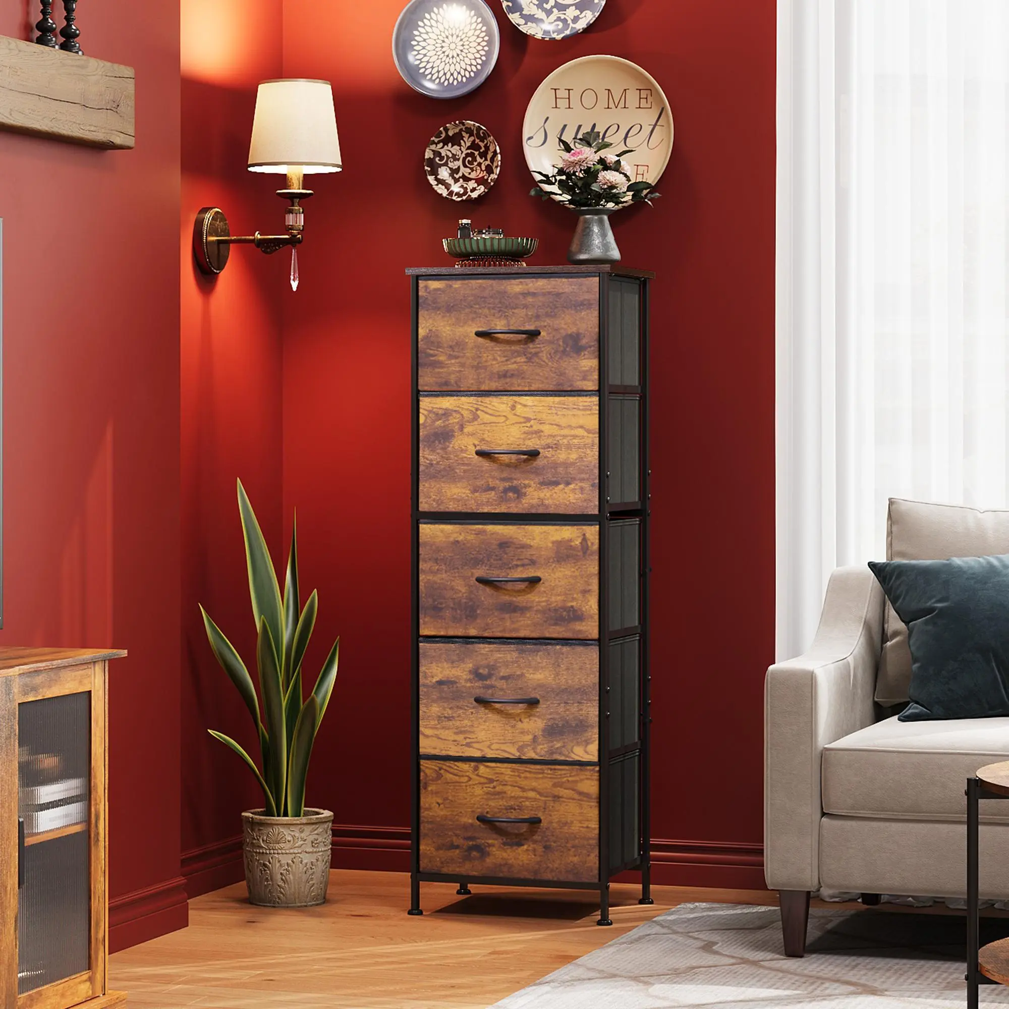 WLIVE Fabric Dresser, 5-Drawer Tall Dressers for Bedroom, Storage Dresser Organizer with Wood Top, Sturdy Steel Frame, Chest of Drawers for Closet, Hallway