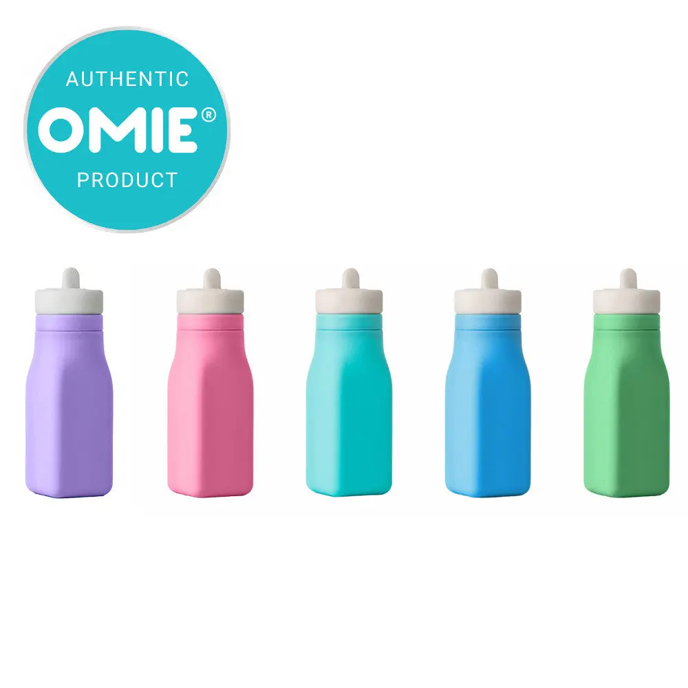 OmieLife 8.7oz Square Food-Grade Silicone Straw Water Bottle - Leakproof, Reusable, Portable, BPA-Free, Toddler-Safe, Washable, Easy Grip, Can Lid, Built-In Straw Handle, Compatible with OmieBox, TTS Kids Cup, Water Bottles for School, Square Bottle, Easy