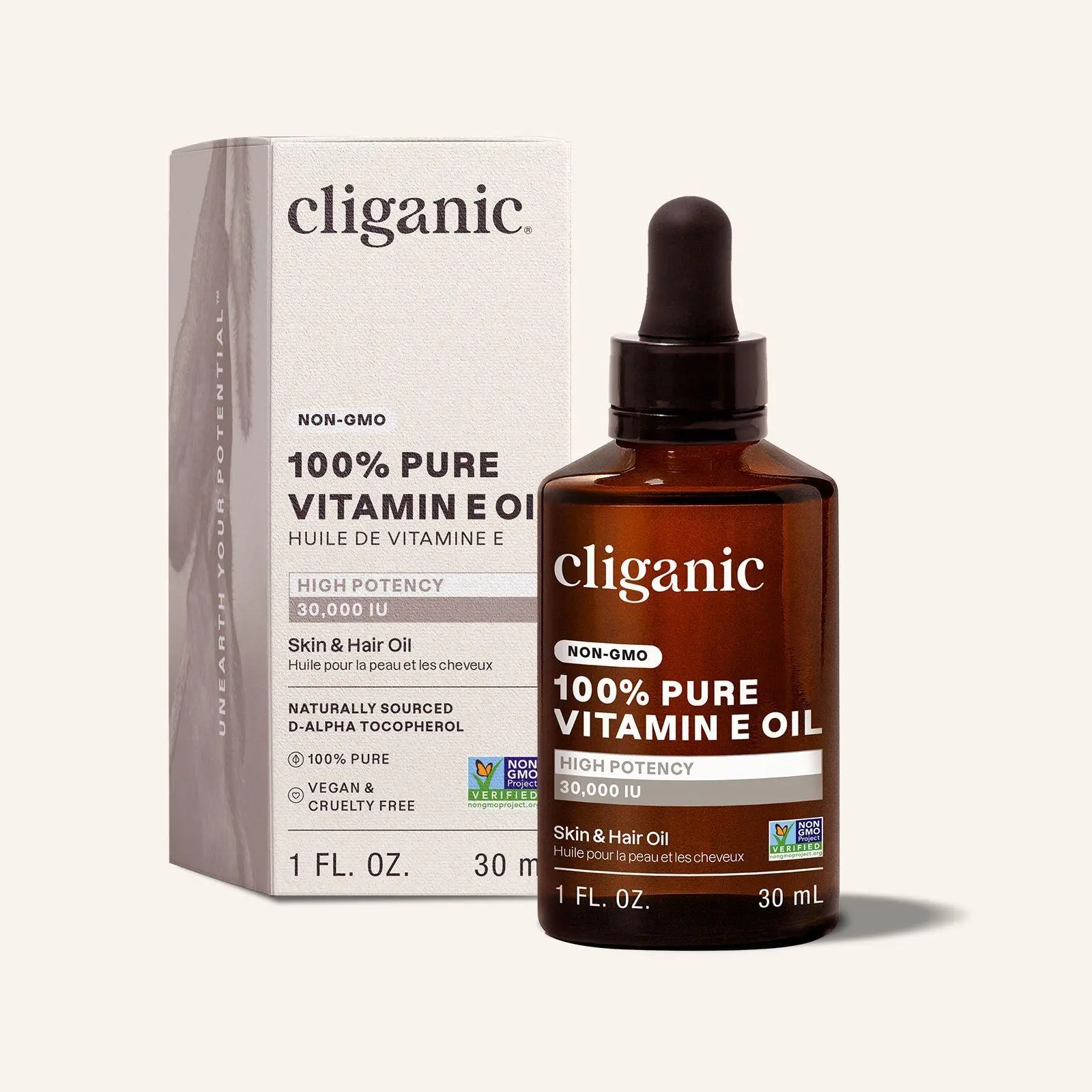 Cliganic Pure Vitamin E Oil for Skin, Scars, Hair & Face - 60,000 IU, Non-GMO Verified Natural D-Alpha Tocopherol