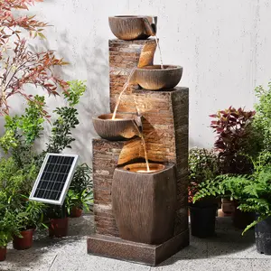 38.2" Tall Solar Powered Water Fountain for Outdoor,4 Tiers Modern Cascading Bowls and Stacked Stones Solar Fountains with LED Lights for Garden, Patio, Deck, Backyard and Home Art Decor Waterfall Fountain Outdoor Garden Fountain