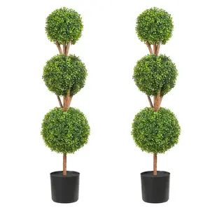 VEVOR Artificial Topiaries Boxwood Trees,  , 48 inch Tall (2 Pieces), 3 Ball-Shape Faux Topiaries Plant with Planters, Green Feaux Plant w/ Replaceable Leaves & Port for Decorative Indoor/Outdoor/Garden Fruit Traditional