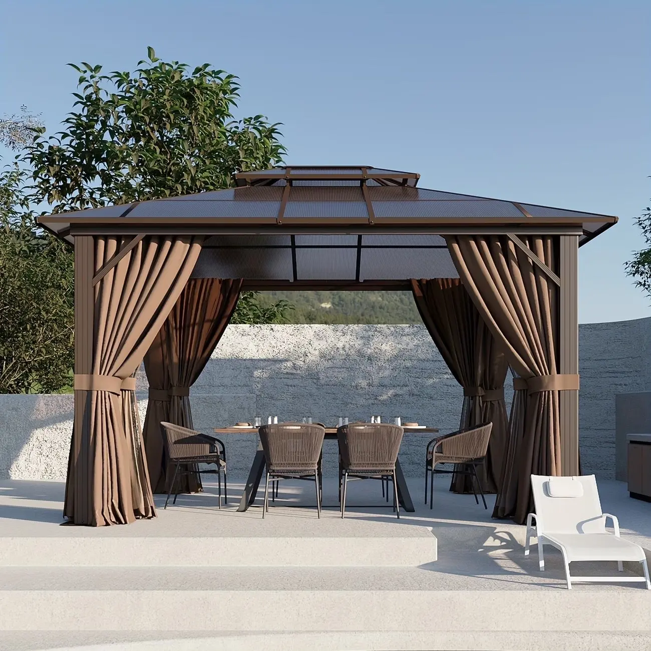 12'x10' Brown Hardtop Gazebo Aluminum Frame, Polycarbonate Double Roof, Curtains