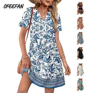 OFEEFAN Dresses for Women 2026 Casual Summer V Neck Wedding Guest Dress Short Sleeve Fashion Beach Vacation Clothes