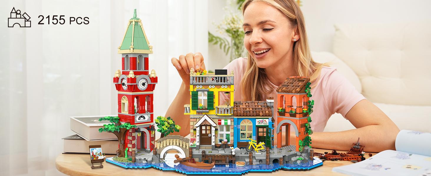 Venice Main Street Building Set for Adults, 2155 PCS City Riverside House Building Block Kit with Light Flower Shop Pizzeria, Home Decor Architecture Brick Model Women Men Teen Girl 12+
