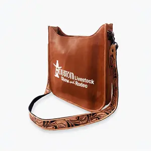 Showground Rodeo Genuine Leather White Embroidered Crossbody Bag Hand-Tooled Floral Strap | Houston Livestock Show and Rodeo