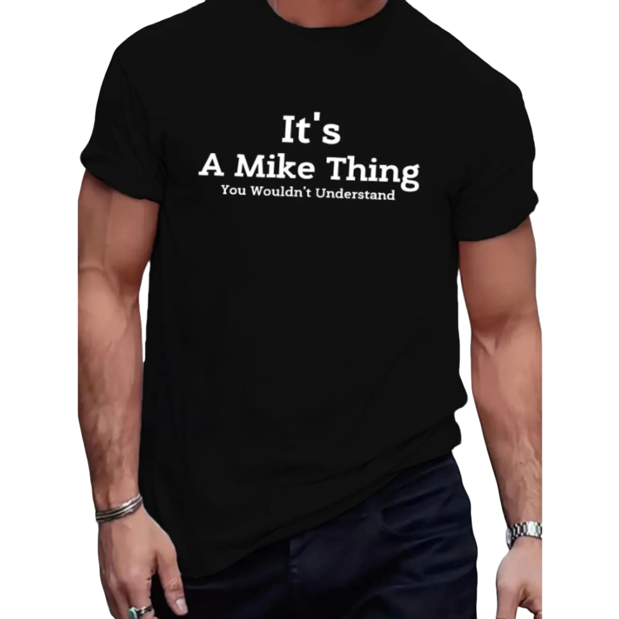 Men's Loose Fit Cotton Blend Casual Wear Sports Top - Crew Neck, Short-Sleeve, "Of Course I'm Right I'm Mike" Graphic Print, High Elasticity, Black Hem, Breathable, Durable, Cargo-Inspired, S-XXXL, Office-Streetwear Gift, Sporty Chic, Male, Multi-Size, Fi