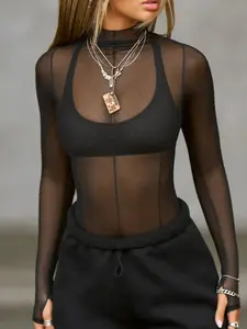 Mock Neck Long Sleeve Sheer Top