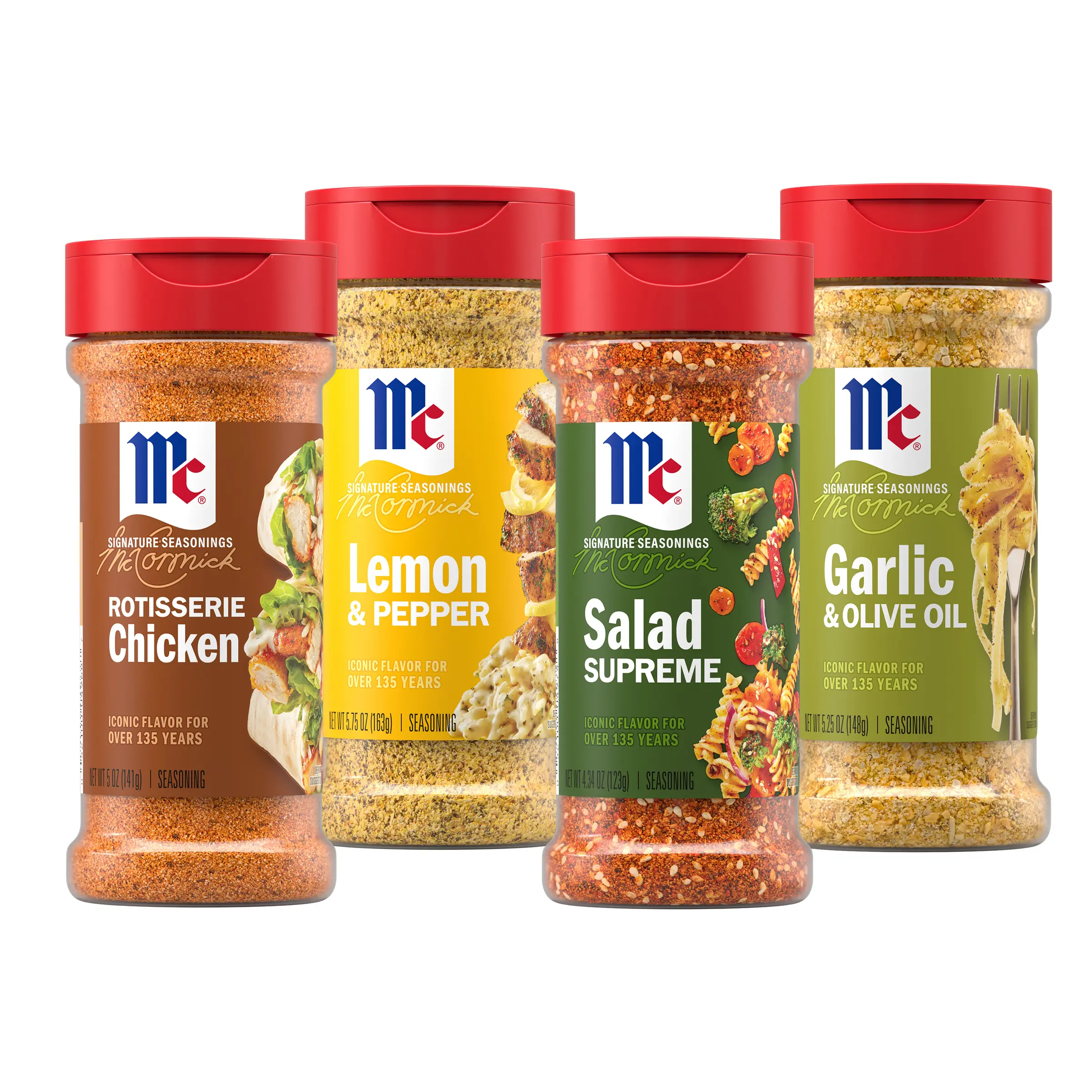 McCormick Signature Seasonings Iconic Cooking Blends Bundle (Salad Supreme, Lemon & Pepper, Garlic & Olive Oil, and Rotisserie Chicken Seasonings) For Salad, Chicken & Pasta, 4 Count Variety Pack