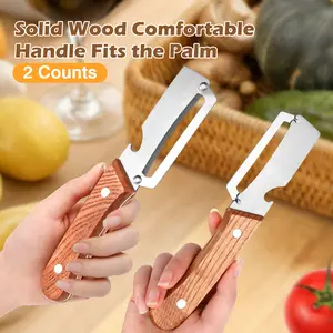 2-in-1 Vegetable & Fruit Peeler with Stainless Steel Blade and Bottle Opener, Wooden Handle Kitchen Tool for Potatoes, Apples, Zucchini, Papaya & Pumpkin