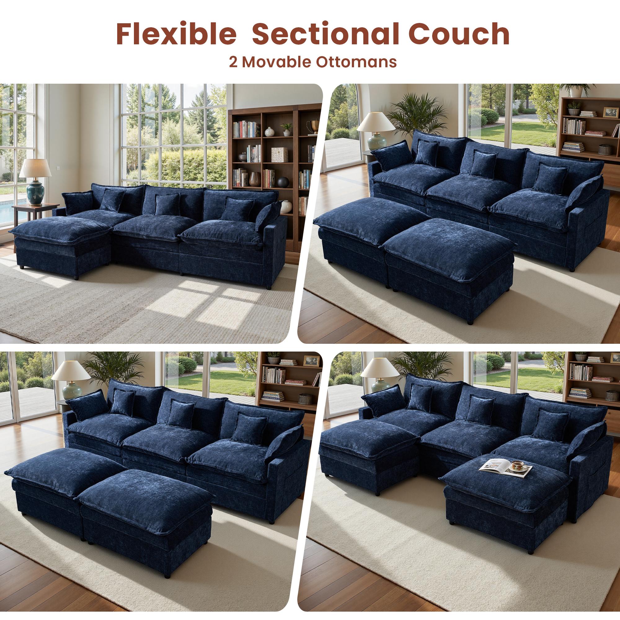 【2/3 Packages Shipping】Ovios 143" U-Shaped Modular Sectional Sofa with 2 Ottomans, Comfy Chenille Cloud Couch, Deep Seat Sofa Bed with 5 Pillows for Living Room, Bedroom & Apartment