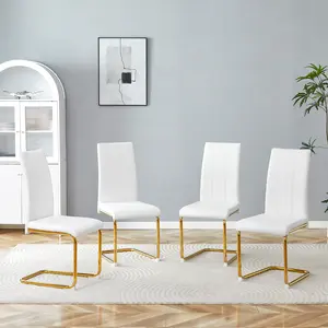 4-Pack White PU Dining Chairs Set of 4, Modern High-Back Side Chairs with Gold Metal Legs, Comfortable Upholstered Seating for Kitchen Living Room, Elegant Home Decor