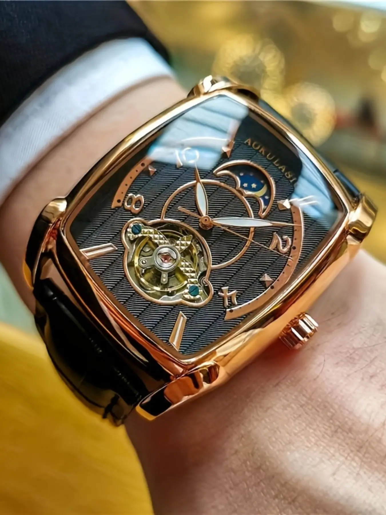 Men's Square Dial Mechanical Watch, Tourbillon Hollow-Out Design, Business Casual Sport Wristwatch with Full Band, Analog Automatic Watch for All Seasons, Business Fashion Watches