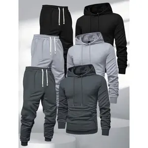 3pcs Men'S Hooded Sweatshirt and Joggers Set, Polyester Sports Tracksuit, Solid Color, Long Sleeve, Slight Stretch Knit Fabric