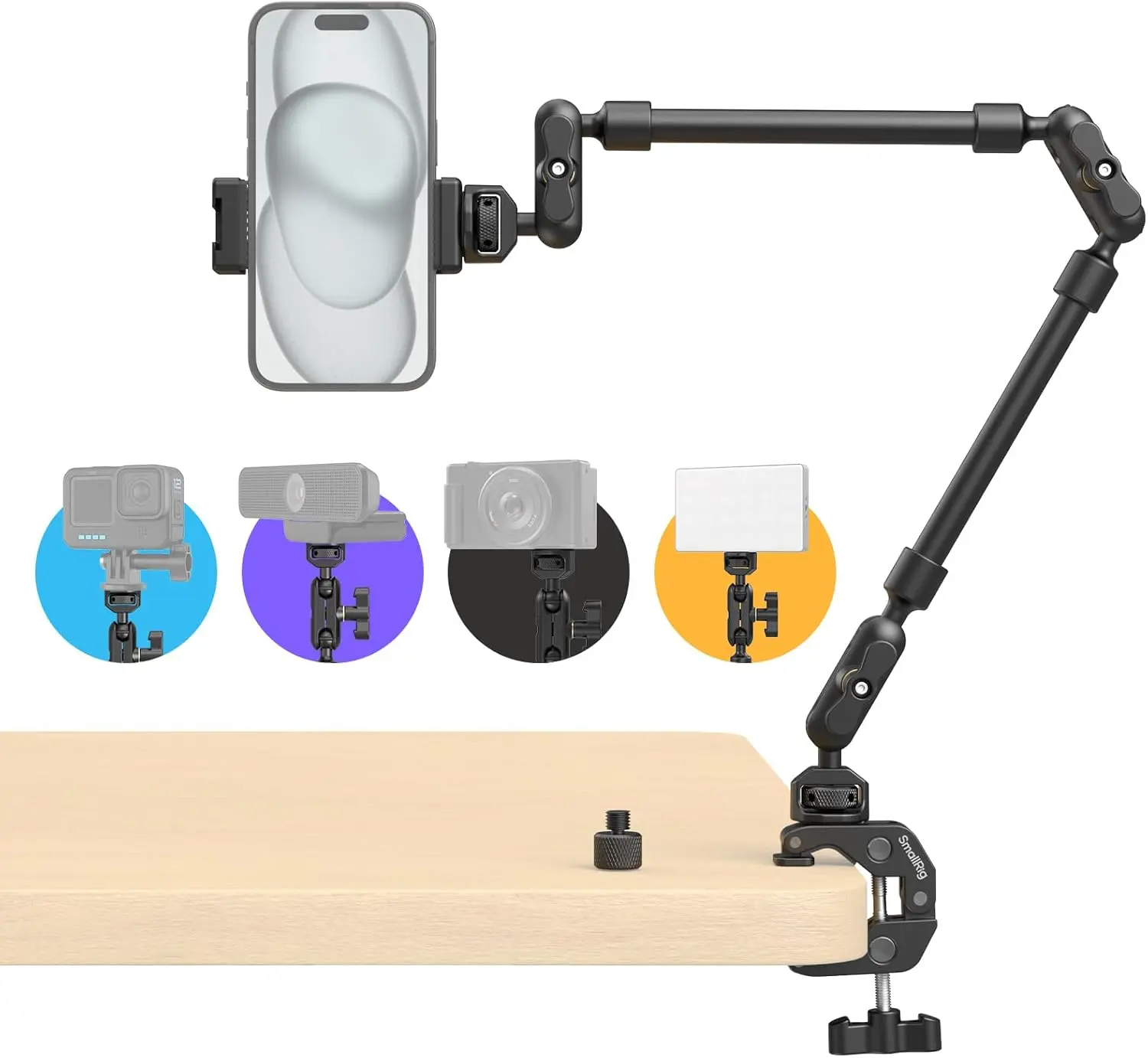 SmallRig 4766 Magic Arm with Clamp - Adjustable Phone Holder, Overhead Mount, Flexible Desk Accessory, Thread Adapter for Phone Grip Holder, Lights, Webcam, Mic, Action Camera, Streaming Equipment, Content Creator, Mobile