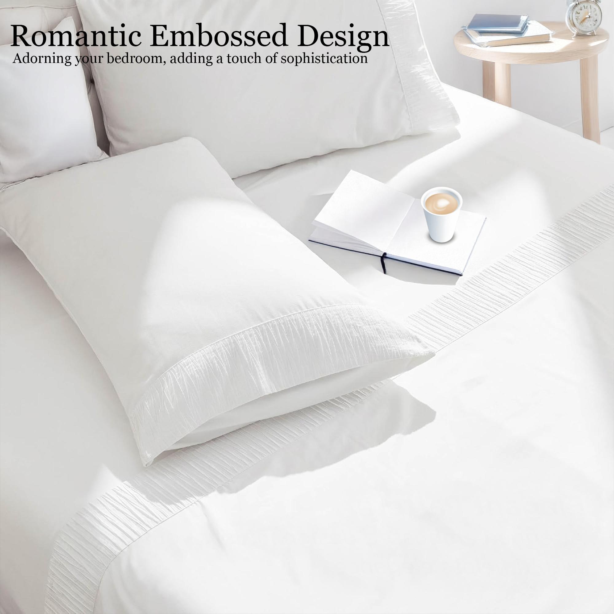 4-Pc Bed Sheets Set - Romantic Embossed Design & Brushed Microfiber  Bed Set- King Bed Sheet & Pillowcases - Upto 14" Deep Pocket Hotel Luxury Queen Sheets