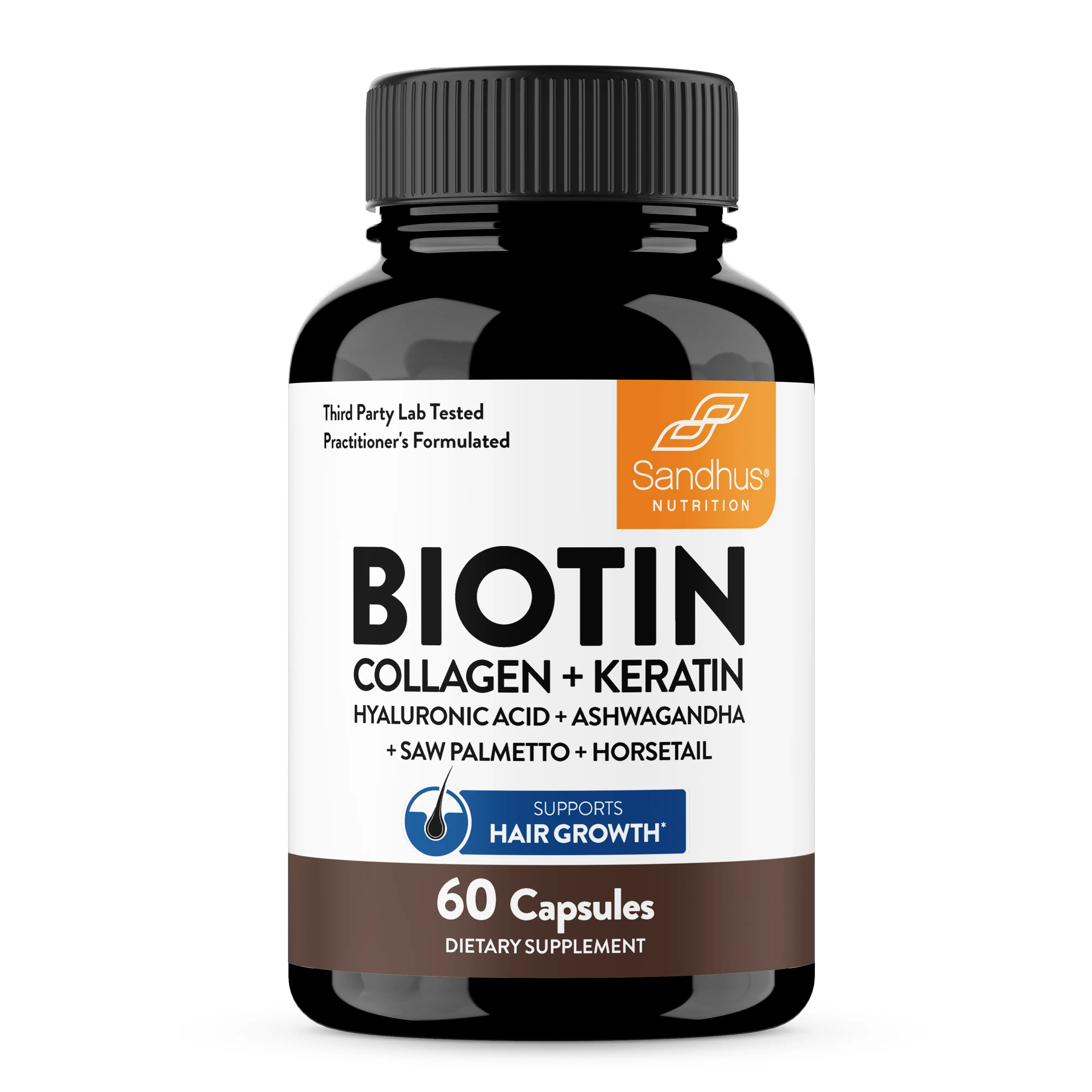 Sandhu's Biotin 6000 MCG + Collagen + Keratin + Hyaluronic Acid + Ashwagandha + Saw Palmetto + Horsetail |Supports Hair Growth, Thicker Fuller Hair, Strong Nails & Radiant Skin – For Men & Women – 60 Capsules – Third Party Lab Tested