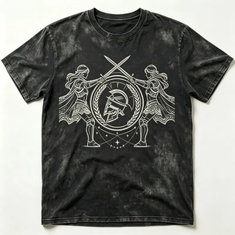 Vintage Washed T-shirt, Dark Pattern , Oversized Streetwear Shirt, Gladiator Helmet T-shirt, Female Warrior Duel T-shirt, Roman Helmet Shield Print Shirt, Dark Medieval Pattern T-shirt, Vintage Warrior Emblem T-shirt, Sword and Blade Warrior Streetwear