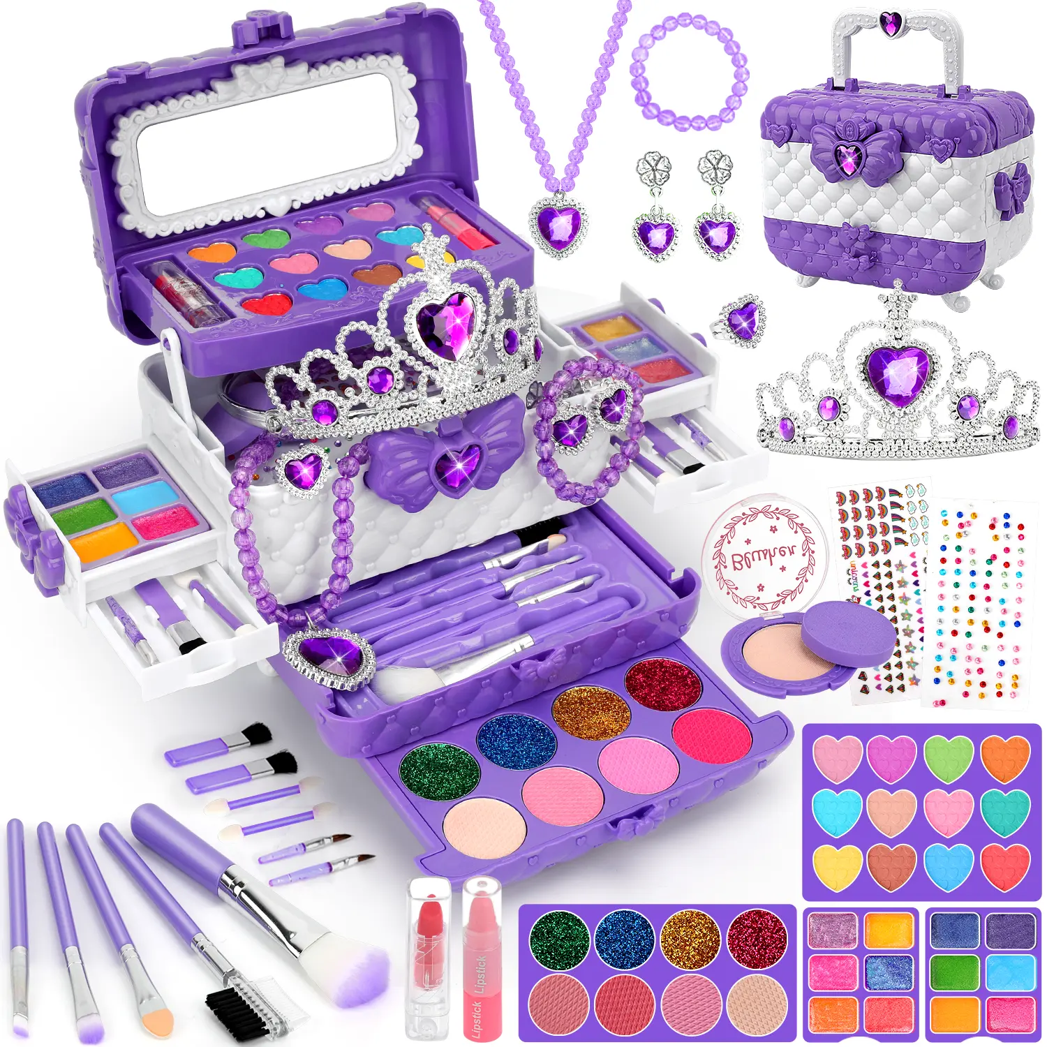56 PCS Kids Makeup Kit for Little Girls - Washable Real Makeup Set with Crown & Jewelry, Pretend Play Princess Dress Up Toys, Christmas Birthday Gifts for 3-12 Year Old