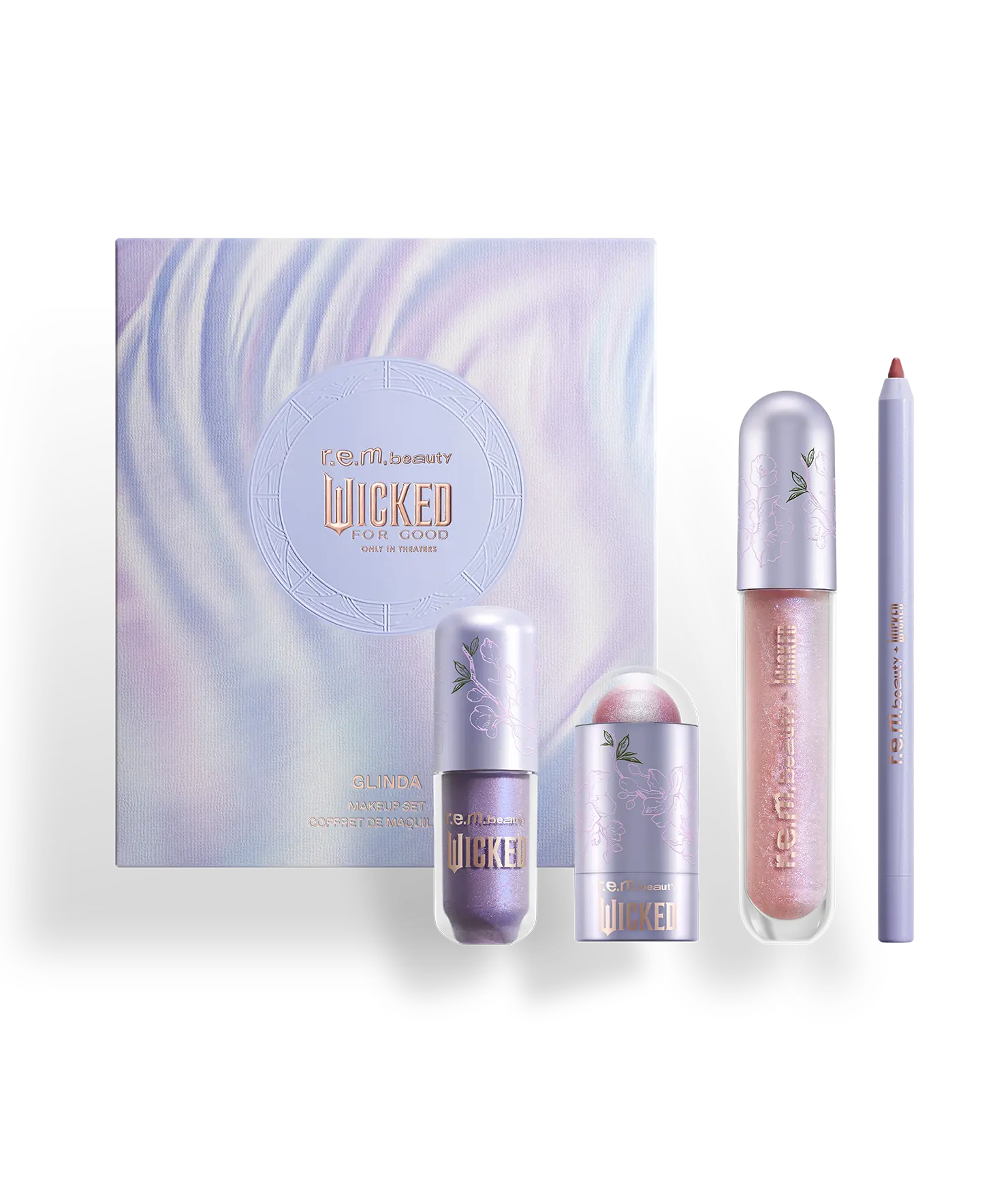 r.e.m. beauty x Wicked: For Good Glinda Makeup Set - liquid eyeshadow, glow stick, lip liner, glossy balm, soft lavender and pink shades, opalescent lip color