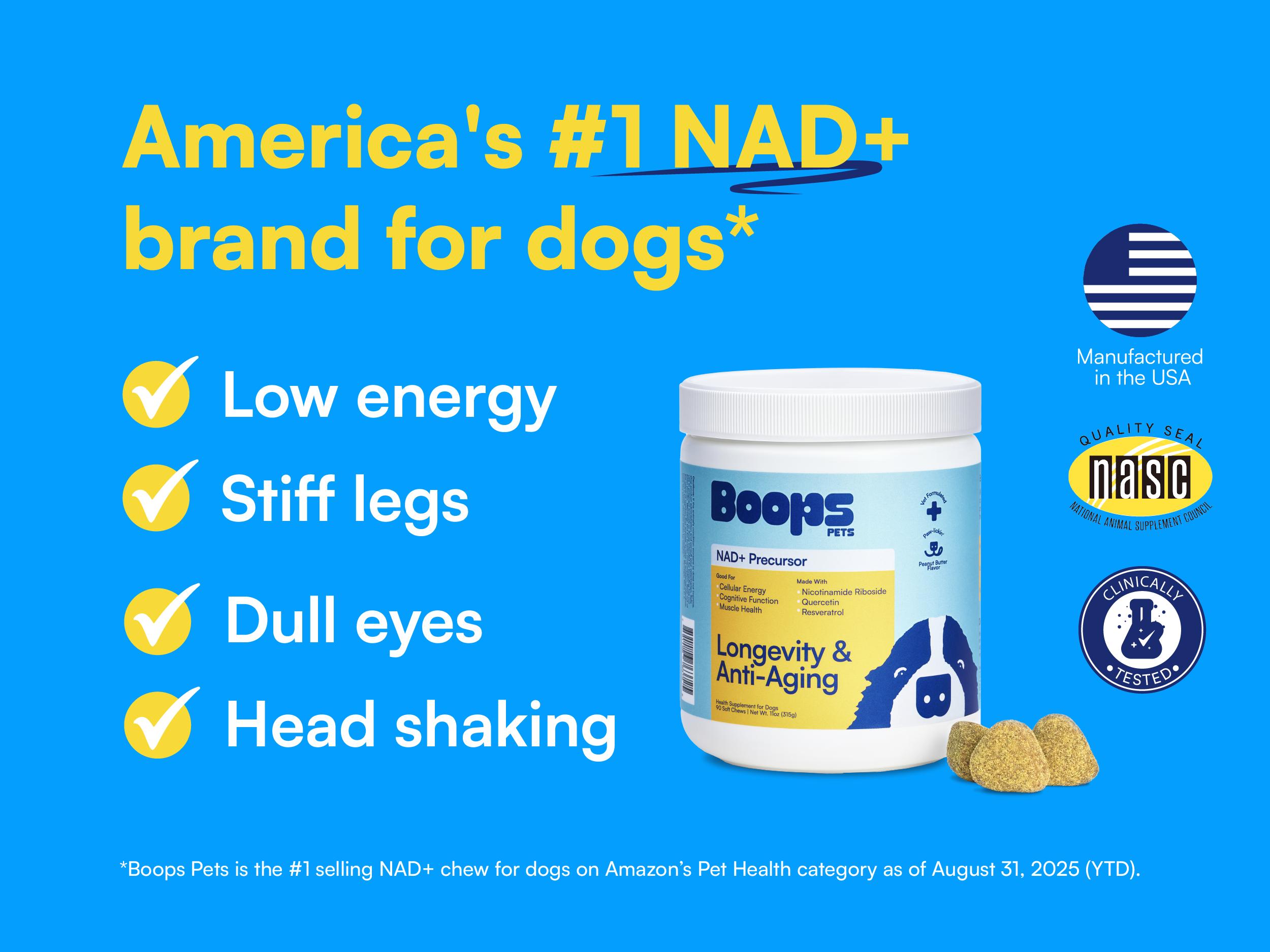 Boops Pets Longevity & Anti-Aging NAD+ Booster Soft Chews - 90 soft chews - Nicotinamide Riboside, Quercetin, Resveratrol - Made in the USA with Real Pasture-Raised Chicken and Real Wholefood Ingredients
