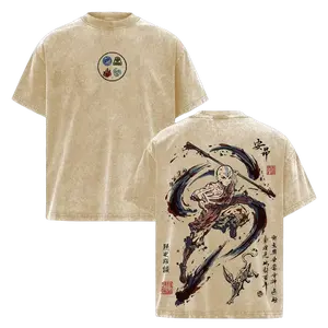 Aang Avatar The Last Airbender Vintage Washed Oversized T-Shirt – Four Elements Avatar State Anime Graphic Tee, Air Nomad Staff Martial Arts Art Shirt, Soft Cotton Streetwear Casual Apparel for ATLA Fans
