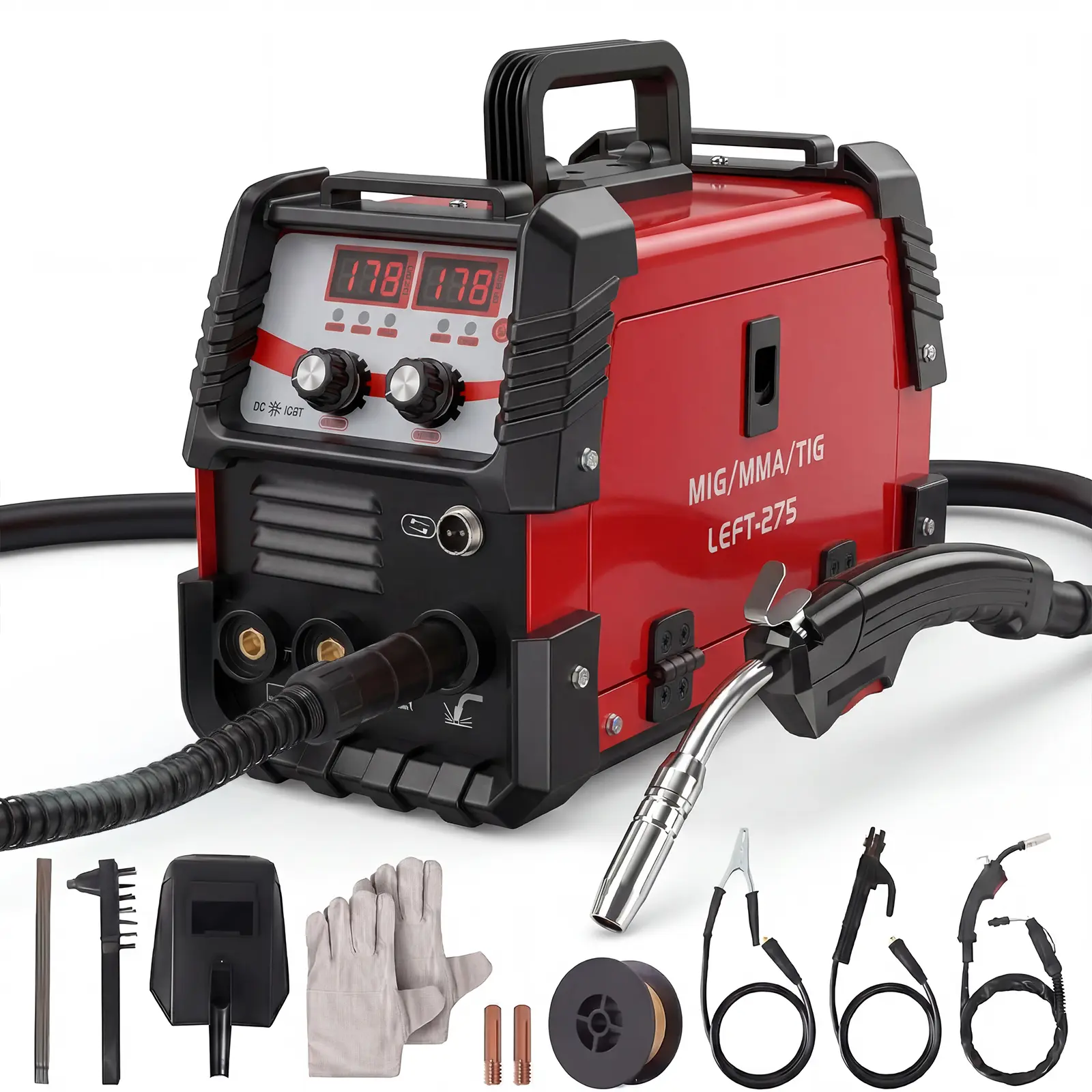 275A Multiprocess MIG Welding Machine, 3-in-1 Gas/Gasless Flux Core MIG TIG Stick Welder Full Kit with Welding Helmet & Shoulder Straps for Auto Repair, DIY