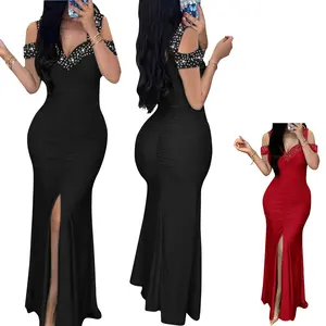 Women's Elegant Hot Diamond Off-Shoulder Slim High Waist Hip-Wrapped Slit Dress Prom Dress Beaded Prom Dress
