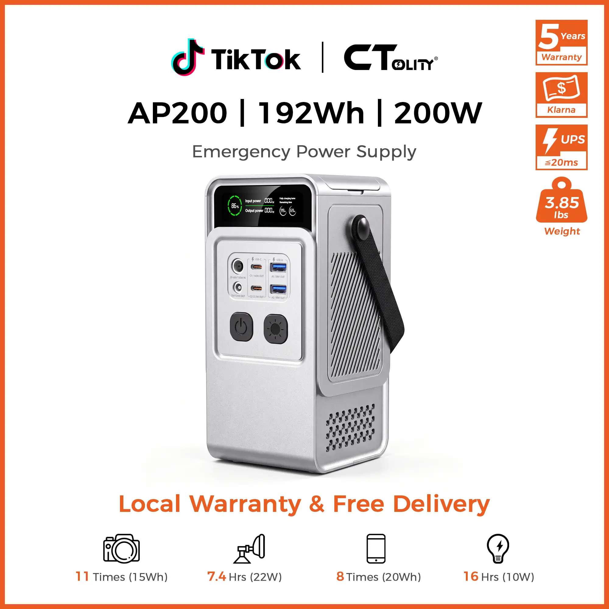 [TikTokShopBackToSchool]CTOLITY AP200 200W Portable Power Station, 192Wh LiFePO4 Battery Backup, 140W Fast Charging Solar Generator, Portable 5-Port Power Bank for Outdoor Camping, RV, Travel Trip Hunting Emergency , back to school haul